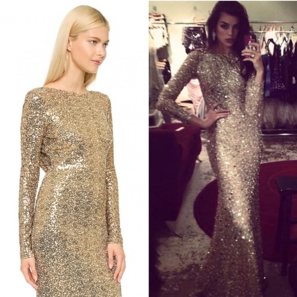 BADGLEY MISCHKA Gold Sequin Long Sleeve Boat Neck Cowl Back Stretch Maxi Gown 8 - Picture 3 of 11